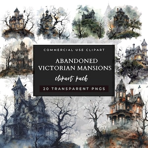 Paquete de imágenes prediseñadas de mansiones victorianas abandonadas, uso comercial, espeluznante, arte mural, diario basura, invitaciones, Halloween, casas embrujadas, espeluznante