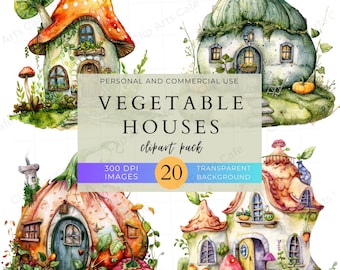 Vegetable Houses Clip Art Pack | 20 PNGs | Whimsical Tiny Fairy Homes Made from Veggies for Scrapbooks, Planners & DIY Projects | Invitation