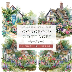 Gorgeous Cottage Clip Art Pack, Commercial Use, Graphics, Garden Cottage, Cute Houses, Flowers, Cabin Clip Arts, Invitation, Crafts, Floral