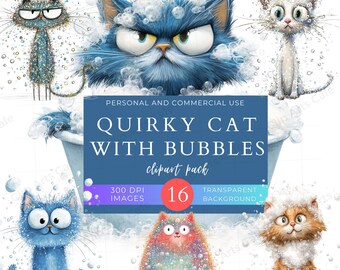 Quirky Cat Covered with Bubbles Clipart, Cat Stickers, Bathing Funny Cats, Children's Book Art, PNG Clipart, Animals, Invitation, Crafts,