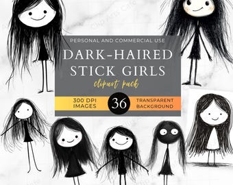 Dark-haired Stick Girl Clip Art , PNG, Quirky Girls, Stick People Images, Stick Figure PNGs, Cute Girl Stickers, Scrapbooking, DIY Crafts
