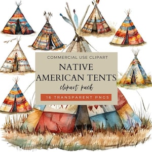 May include: A set of 16 watercolor illustrations of Native American tents, also known as teepees. The tents are decorated with various patterns and colors, including red, blue, yellow, and brown. The illustrations are perfect for crafting projects, scrapbooking, and digital design.
