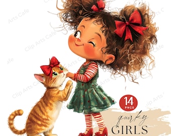 Girl and Cat Clip Art Pack: Whimsical PNG Illustrations (Commercial Use, Digital Download
