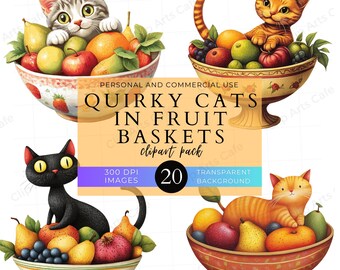 Quirky Cat in a Fruit Basket Clipart, Children’s Book Style Cats for Fun & Whimsical Crafts, Cat Stickers, Animals, Invitation, DIY Crafts