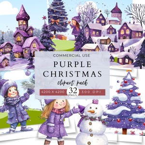 Purple Christmas Clip Art Pack, Commercial Use, Christmas Decorations, Crafts, Holiday Graphics, Prints, DIY Invitations, Purple Decor