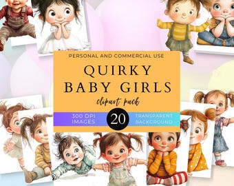Quirky Little Baby Girls Clip Art Pack, Commercial Use, Baby Shower, Playful Illustrations, Fun Designs, DIY Crafts, Invitation, Cute Kids