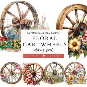 花柄カートの車輪のクリップ アート パック、商用利用、ビンテージ、交通機関、馬車、壁アート プリント、工芸品、木製車輪、花のグラフィック