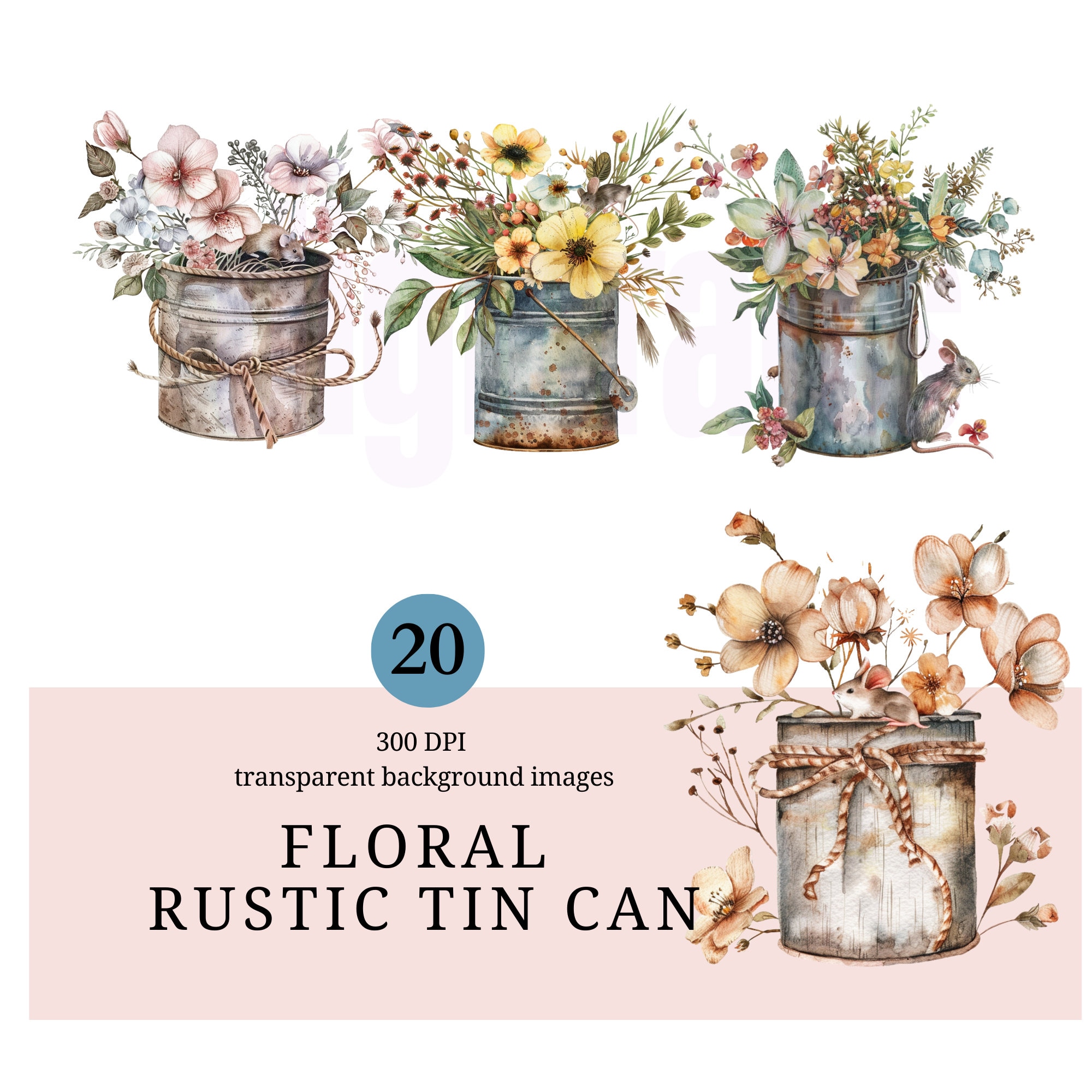 Rustic Floral Tin Can Clip Art Pack, Commercial Use, Rustic Tin Can ...
