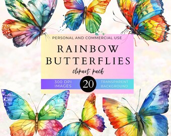Rainbow Butterfly Clip Art: 20 PNG Graphics (Commercial Use)