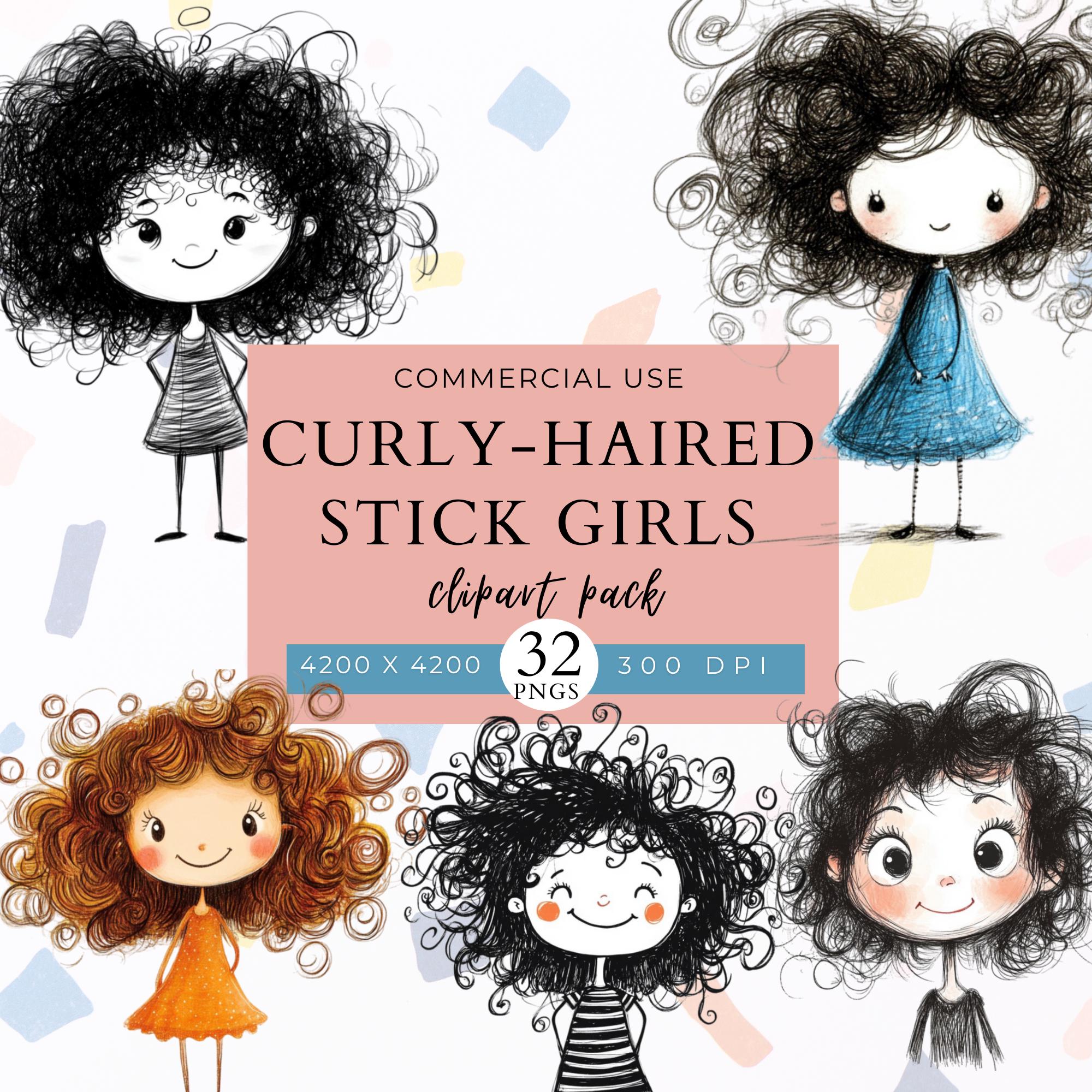 Curly-haired Stick Girl Clipart: 32 PNG Illustrations (digital Download) -  Etsy, image size:2000x2000