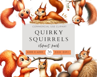 Quirky Squirrel Clip Art Pack, Squirrel Stickers, Whimsical, Funny Squirrels, Commercial Use, PNG Clipart, Crazy Animals, Invitation, Crafts