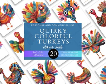 Quirky Colorful Turkeys Clip Art Pack, Turkey Stickers, Funny Animals, Commercial Use, PNG Cliparts,  Invitation, Domestic pets, DIY Crafts