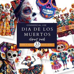 Day of the Dead Clip Art Pack, Dia de los Muertos, Commercial Use, Sugar Skull Illustration, Festivals, La Catrina, Scrapbook, PNG Graphics