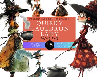 Quirky Cauldron Ladies Clip Art Pack | Witches Woman| Commercial Use | Magic Potion | Halloween Stickers & Crafts, PNG Graphics, Invitations