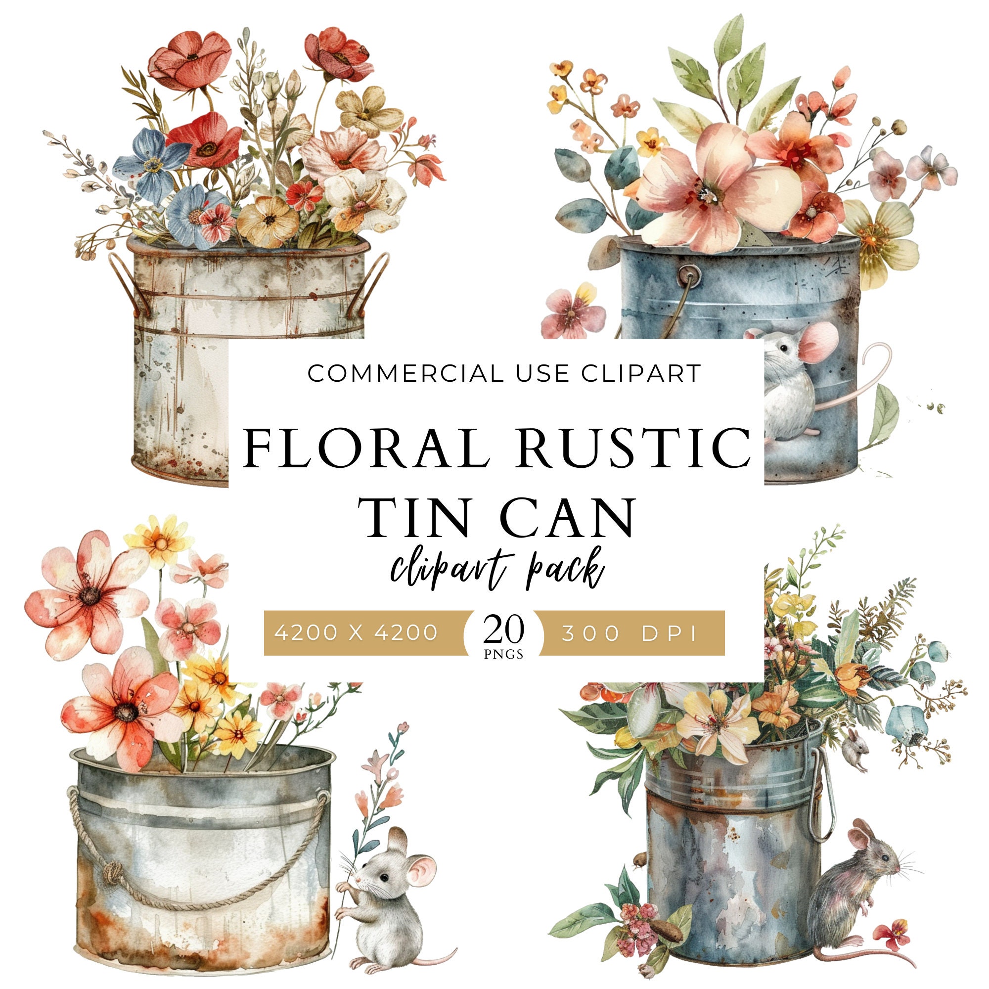 Rustic Floral Tin Can Clip Art Pack, Commercial Use, Rustic Tin Can ...