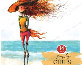 Quirky Beach Girls Clipart: Summer Scrapbook Illustrations (JPG)