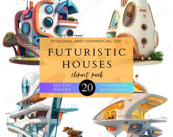 Futuristic Houses Clipart Pack, Commercial, PNG Stickers, Scrapbook, Modern Architecture Illustrations, Sci-Fi, City, Urban, Digital Design