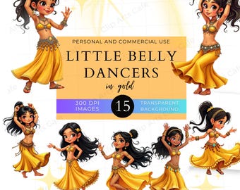 Little Belly Dancers in Gold Clip Art Pack, Commercial Use, PNG Graphics, Dancer, Clipart, Party Invites, DIY Crafts, Cards, Girls Graphics