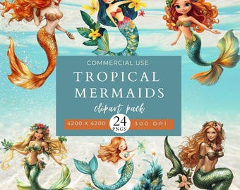 Tropical Mermaids Clip Art Pack | Invitations | Digital Download | Commercial Use | Mermaid Stickers, Scrapbooking & Ocean Fantasy | Crafts