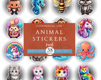 Colorful Digital Animal Stickers Pack, Pets, Whimsical, Cute Graphics, Commercial Use, PNGs, Scrapbooking, Invitation, Crafts, Printable