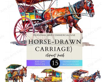 Horse-Drawn Carriages "Kalesa" Clip Art Pack, Horse Stickers, Filipino Culture Graphics, Commercial Use, Philippines Transportation, Animals