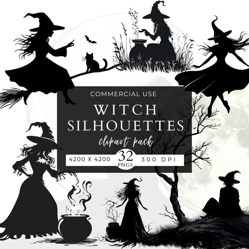 Witch Silhouettes Clip Art Pack, Commercial Use, Spooky, Scrapbook ...