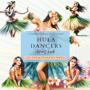 May include: A digital clipart pack of 22 transparent PNG images featuring hula dancers in various poses. The dancers are wearing colorful leis and grass skirts, and some are holding flowers. The text "COMMERCIAL USE CLIPART HULA DANCERS clipart pack 22 TRANSPARENT PNGS" is displayed on a blue and white background.
