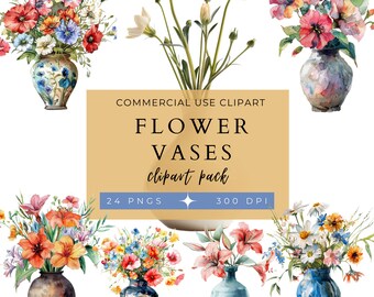 Flower Vases Clip Art Pack, Commercial Use, Floral Arrangements, Vibrant Flowers, Flowers in Vases, Flora, Flower Graphics, Nature, Decor