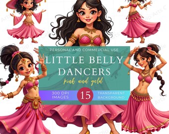 Little Belly Dancers in Pink and Gold Clip Art Pack, Commercial Use, PNG Graphics, Dancer, Clipart, Party Invites, DIY Crafts, Cards, Girls