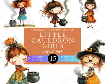 Little Girls with Cauldrons Clip Art Pack, Commercial Use, Spooky,  Scrapbook Halloween clipart, PNG, Flying Witch, Potion, Scrapbooking