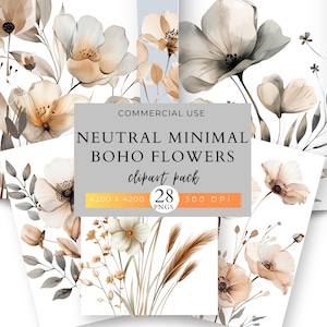 Pack de clipart fleurs bohèmes minimales neutres, fleurs, bouquet, fleurs séchées, cliparts à usage commercial, album, art mural, clipart Boho