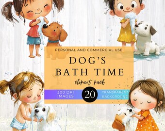 Dog Bath Time Clipart: Playful Pet Grooming Illustrations (PNG, Commercial Use)