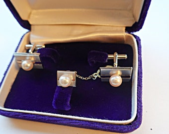 Japanese Pearl Sterling Cufflinks and Tie Bar, Fine Japanese  Pearls, Sterling Cuff Links Tie Bar, 30th Anniversary ,Groom gift, Men's gift,