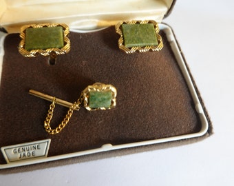 JADE Cufflinks,  Jade CUFF LINKS and Tie Tack, Mid Century, Men's Jewelry, Jade