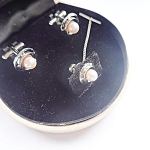 Vintage Zuchtperle Manschettenknöpfe und Krawattenklammer, Feine Japanische Perlen, Edelstein Manschettenknöpfe Krawattennadel, 30-jähriges Jubiläum, Herrenschmuck