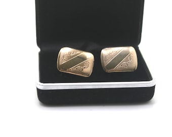 Vintage Hand Engraved Floral Gold Finish Cufflinks, Unisex Rectangle (3/4" x 7/8")