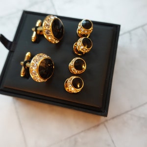 Cufflinks and Studs, Black Crystal shirt studs cufflinks, Gold Black Tuxedo shirt studs and cufflinks,Groomsmen Gifts, Groom Wedding Gift,