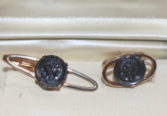 Vintage Cufflinks and Tie Bar,  Carved Black Cell… - image 2