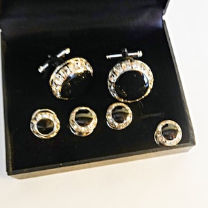 Crystal Cufflinks and shirt studs silver Finish, Black Onyx Clear Swarovski crystal shirt studs, Tuxedo Cufflinks Groom accessories
