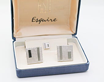 Conjunto de gemelos y alfiler de corbata de plata vintage, estilo minimalista de mediados de siglo (caja original).