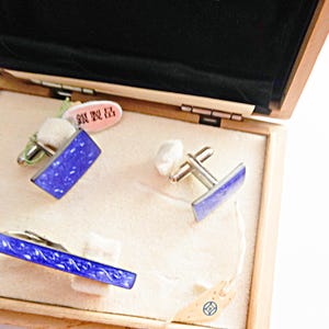 Sterling Silver Blue Enamel Cufflinks and Matching Tie Bar, Fine Men&#39;s Jewelry, Men&#39;s Christmas Gift, Something Blue for Groom