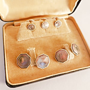 Hochzeit Manschettenknöpfe, Vintage Art Deco Manschettenknöpfe und Ohrstecker, Bräutigam Geschenk, mit Platin verkleidet, Abalone Manschettenknöpfe und Ohrstecker, Art Deco Herren Schmuck