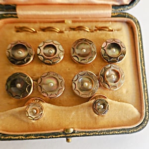 Tuxedo Abalone Cufflinks Shirt Studs, Gold Gilt Antique Cufflinks Studs, Wedding Cufflinks, Mother Of PearlCufflinks Studs, Groom Gift
