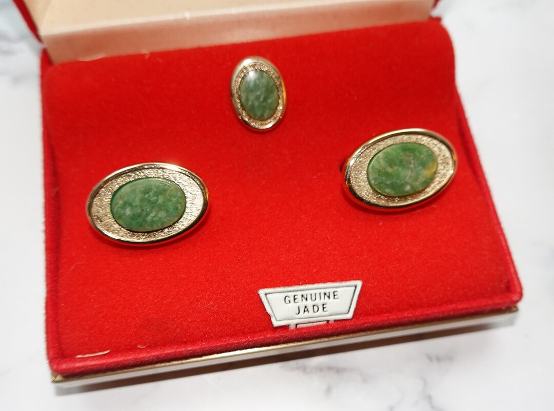 Green JADE Cufflinks Tie Tack Set Genuine Jade CUFF LINKS and Etsy