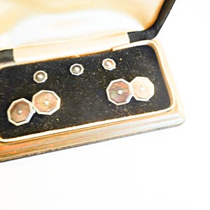 Tuxedo CuffLinks Shirt Studs Set, Art Deco Mother Of Pearl Cufflinks Studs, Men Groom Gift , Abalone Cufflinks Studs, Original Art Deco Box