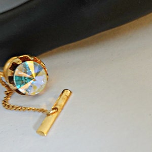 Kristallen bruiloft dasspeld, gouden dasspeld, retro vintage dasspeld, herensieraden, kostuumaccessoire, Rivoli-kristallen dasspeld