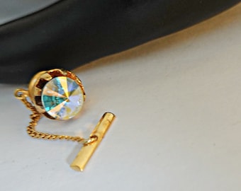 Crystal Wedding Tie Tack Pin, Gold Tie Tack, Retro Vintage Tie Tack, Mens Jewelry, Suit Accessory, Rivoli Crystal Tie Tac