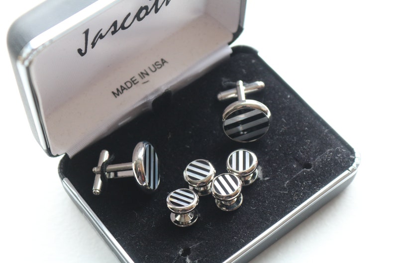 onyx /& mother of pearl Black and White Stripe Wedding Cuff links and Tuxedo Studs cufflinks studs vintage groom,