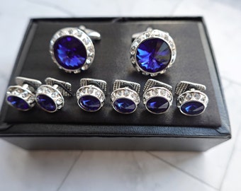 Cufflinks and Studs, Blue Crystal Cufflinks 6 Shirt Studs, Blue Tuxedo shirt studs and cufflinks, Groom Wedding Gift, Something Blue