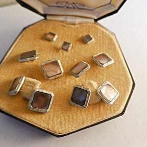 Vintage Tuxedo Cuff Links Shirt Studs 9 Piece Set, Platinum Clad Mother Of Pearl Cufflinks Studs , Men Groom Gift, Men&#39;s Jewelry